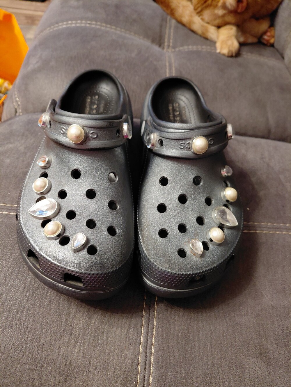 CROCS Black Jeweled Slip-On Clogs with Pearl & Clear Gems